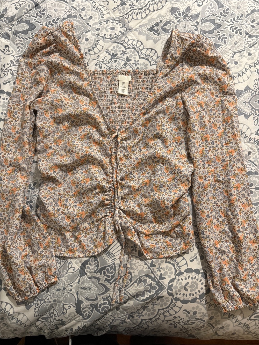 H&M Orange and Gray Floral Ruched Tie-Front Blouse